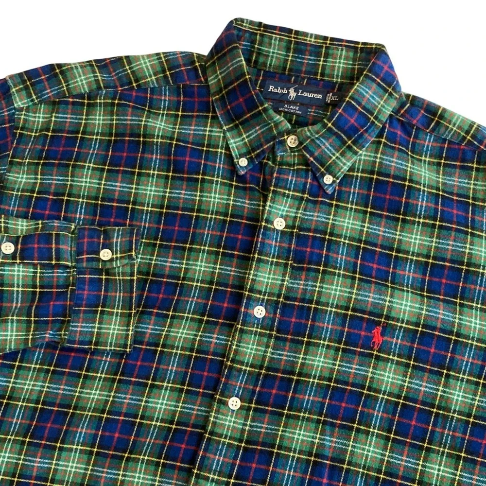 VTG Polo Ralph Lauren Blake Shirt Mens XL Green Blue Tartan Plaid Flannel Cotton
